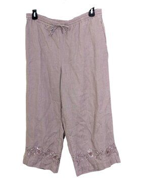 Coldwater Creek Womens M Linen Wide Leg Floral Embroidered Hem Pull On Pants Tan